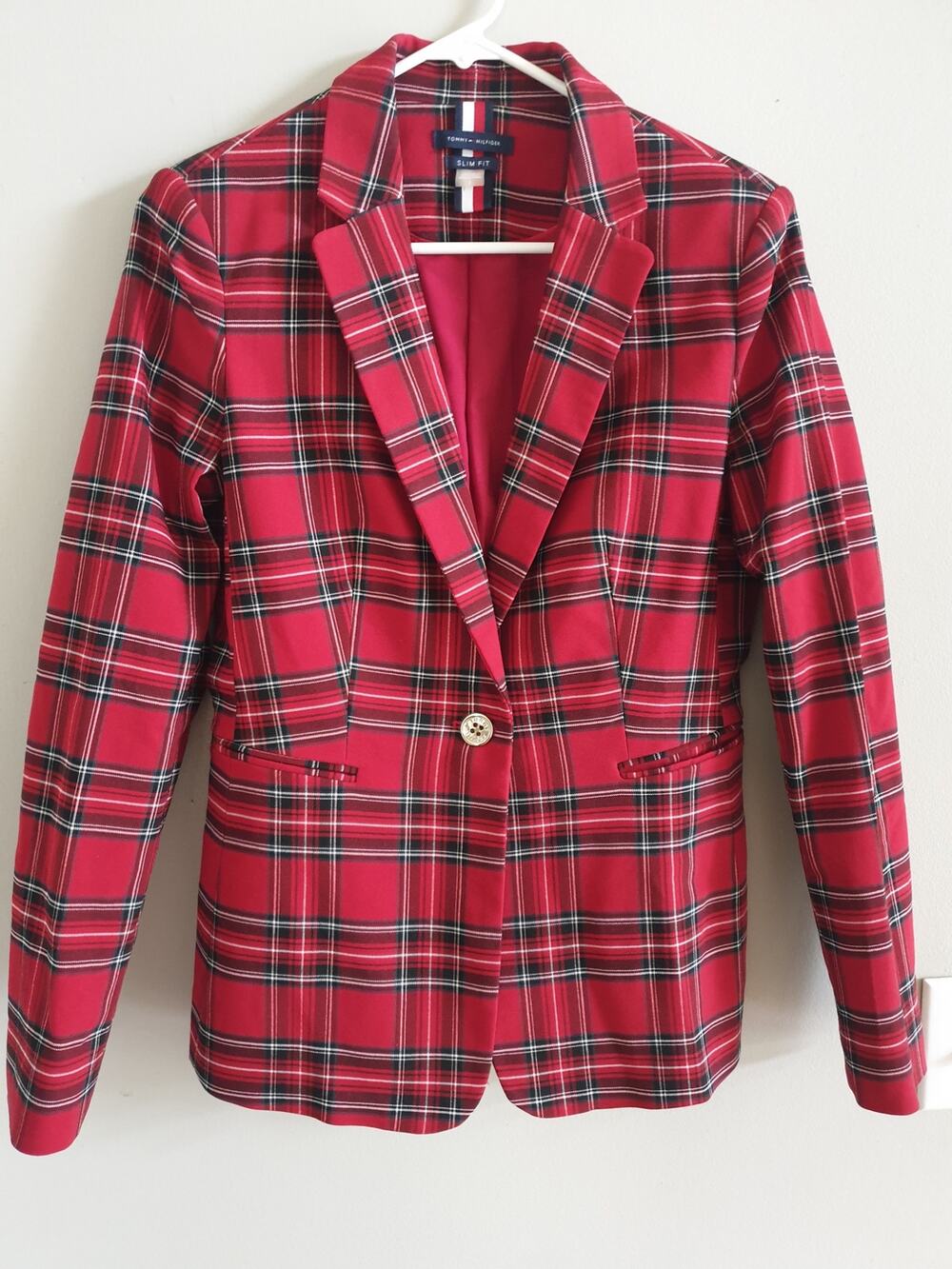 Tommy Hilfiger Plaid Blazer Jacket Womens Slim Fit One Button Red Tartan 8 NWOT